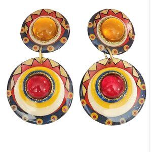 Signed DCZ Red Yellow Lucite Cab, Resin Blue Statement Disc Clip Earrings, M273